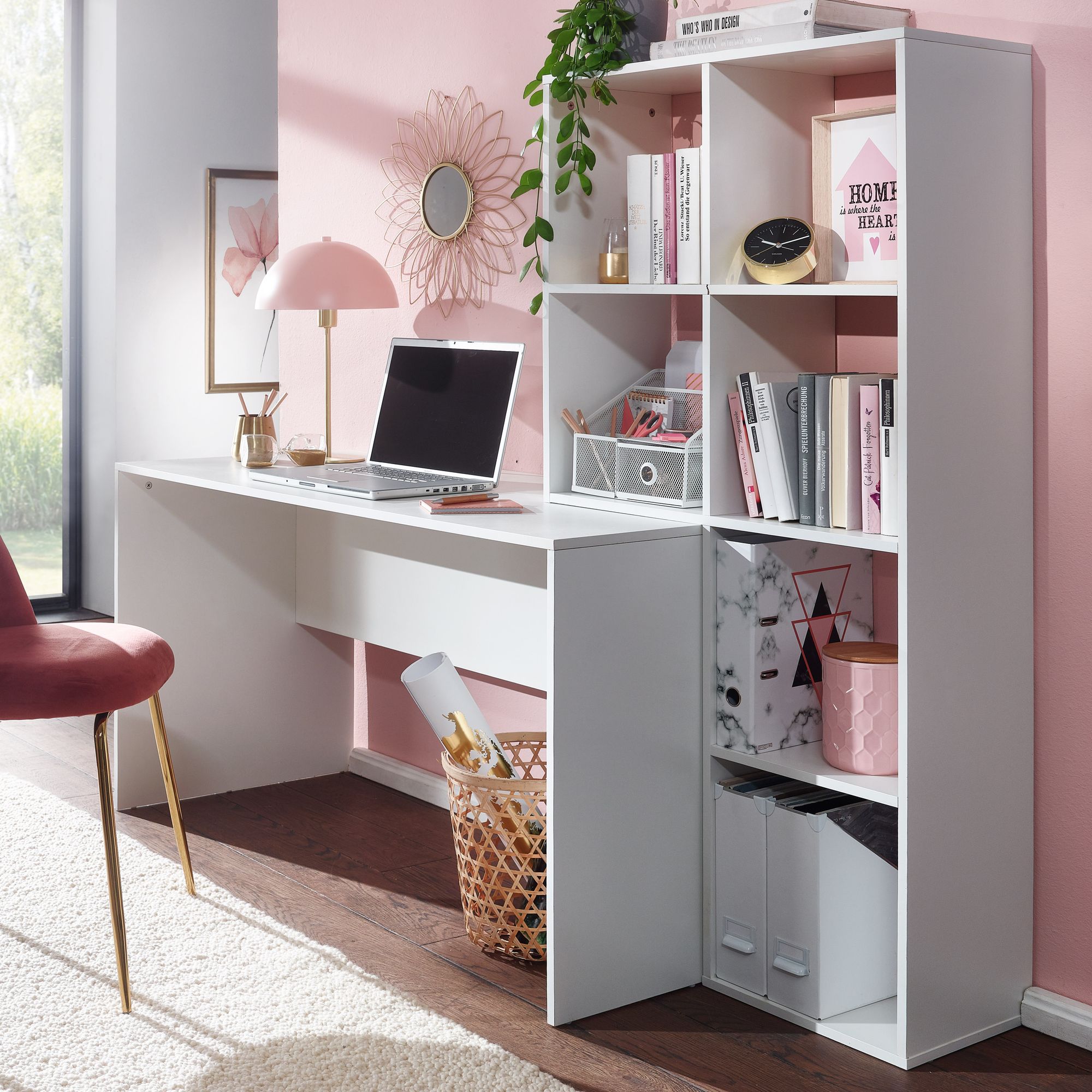 White Desk With Shelf 170x59x143.5 Cm, Table, Laptop Desk With 6 Shelves, Home Office Computer Desk With Storage Space