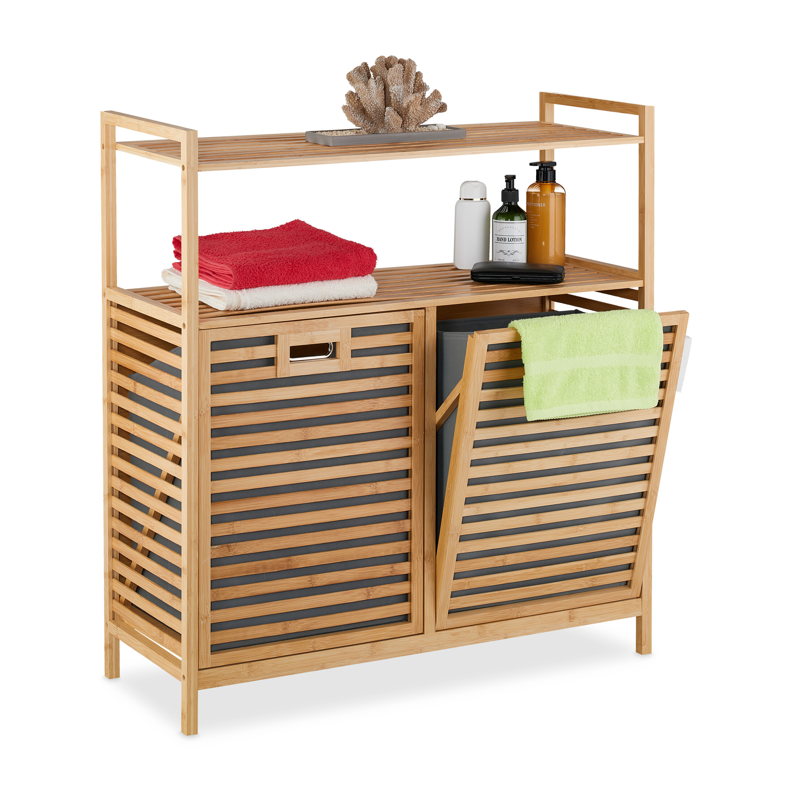 TEMU Folding Laundry Hamper With 2 Laundry Bags, 95 X 88 X 33 Cm, Bamboo And Polyester, 2 Shelves (84 X 33 Cm), Natural And Gray, For Bathroom,