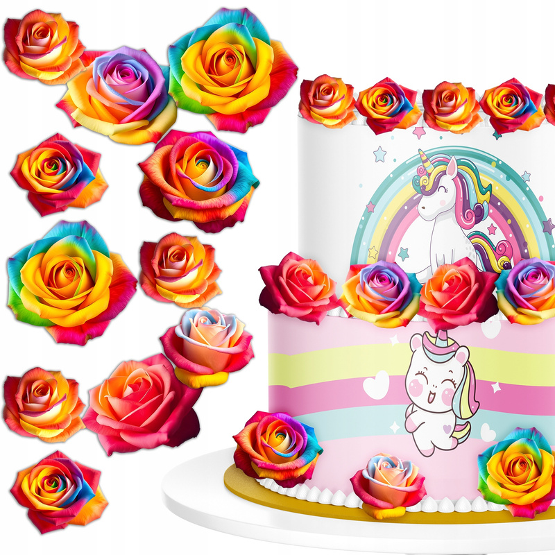 Image of Colorful Rose Flowers On A Cake - Decoration Decor - 32pcs.