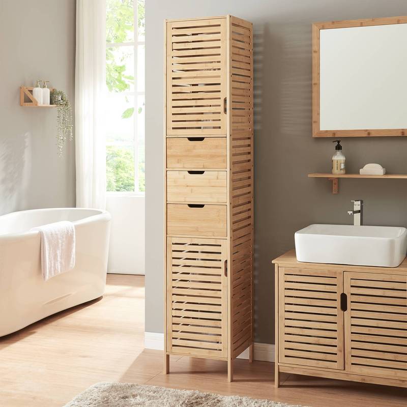 Image of High Cabinet Boxer With 2 Doors And 3 Drawers, 180 X 35 X 35 Cm, Bamboo