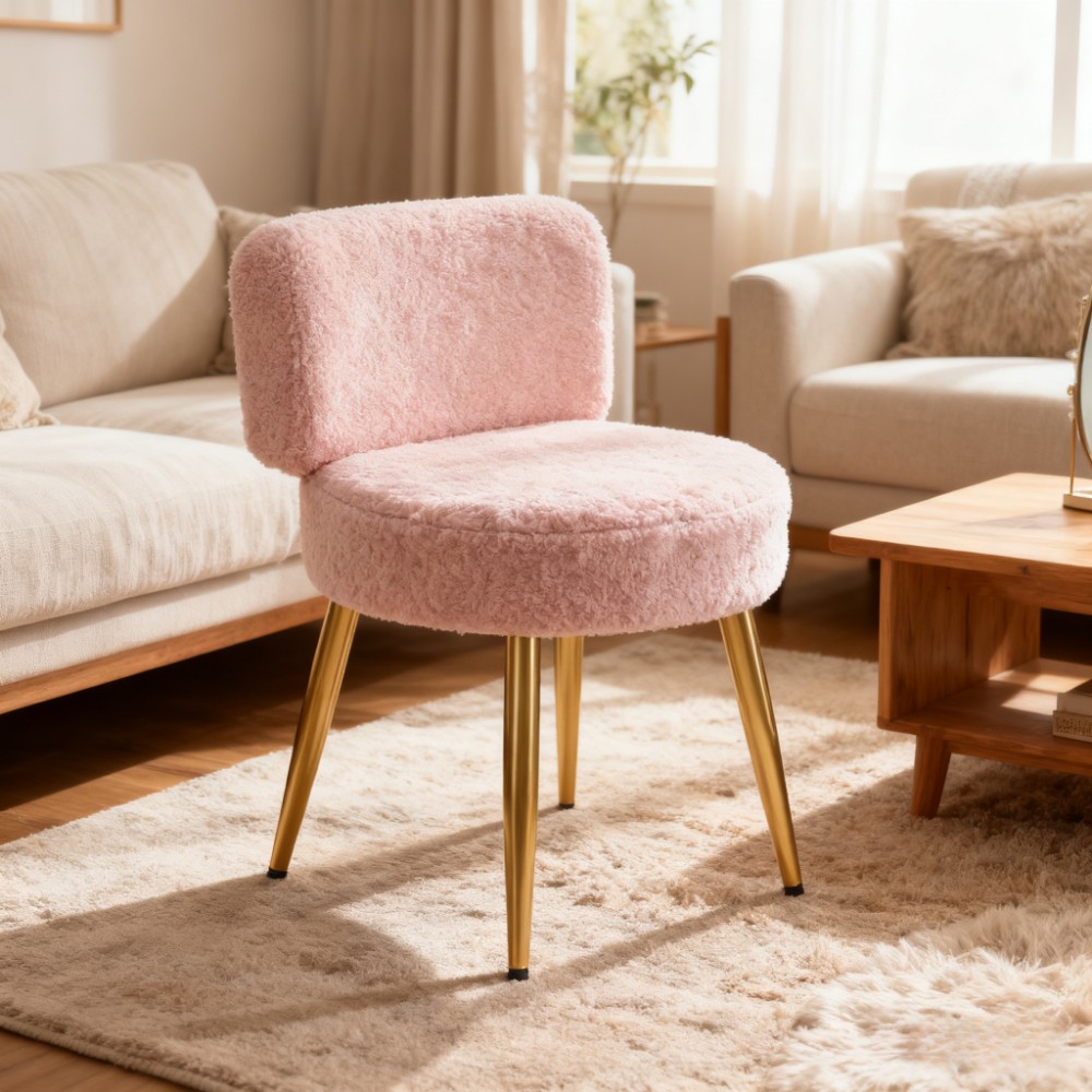 TEMU 1pc Teddy Plush Pink Fur Cozy Makeup Vanity Stool Chair With Metal Legs Upholstered Dressing Table Chairs Easy Assembly Accent Side Chair Rest