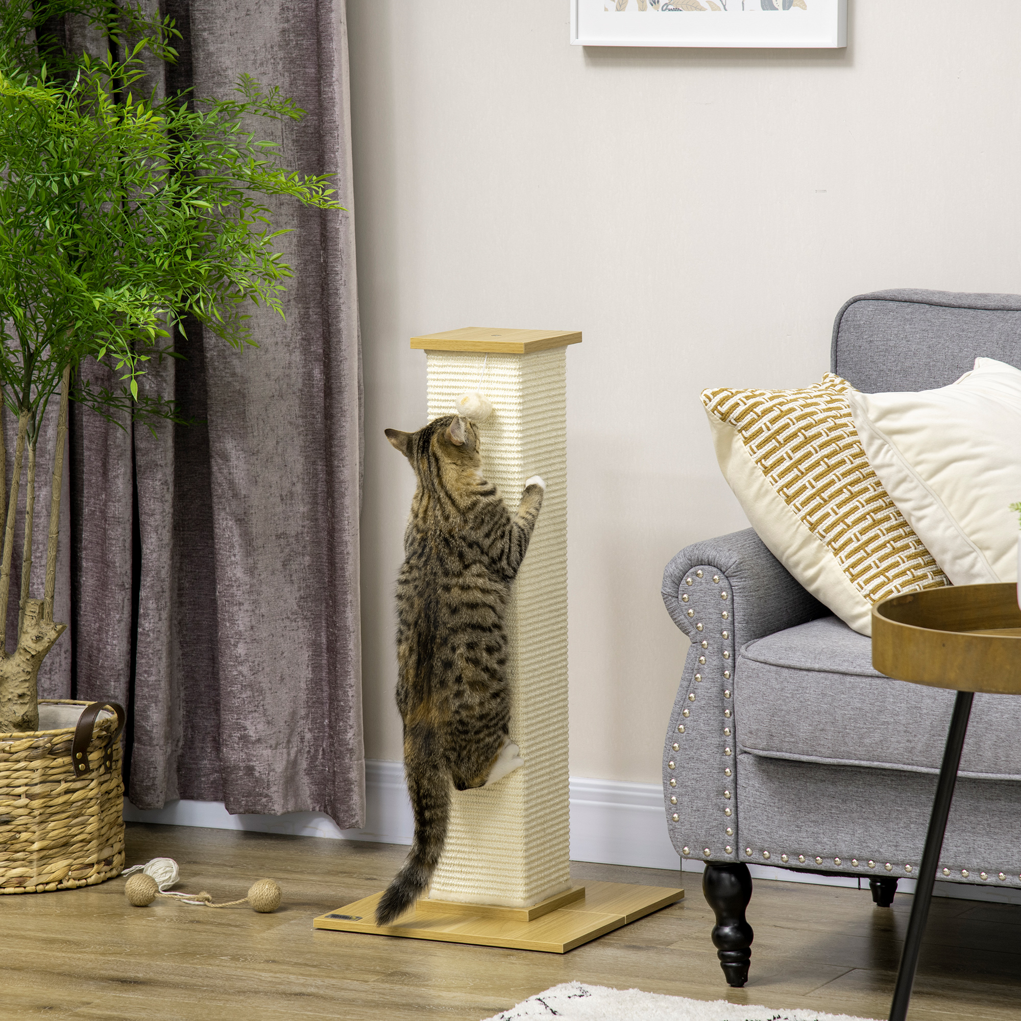 Scratching Post 80 Cm Tall, Cat Scratching Tree For Cats Up To 5 Kg, With Sisal Rope, Play Ball, Scratching Board, Oak+cream White