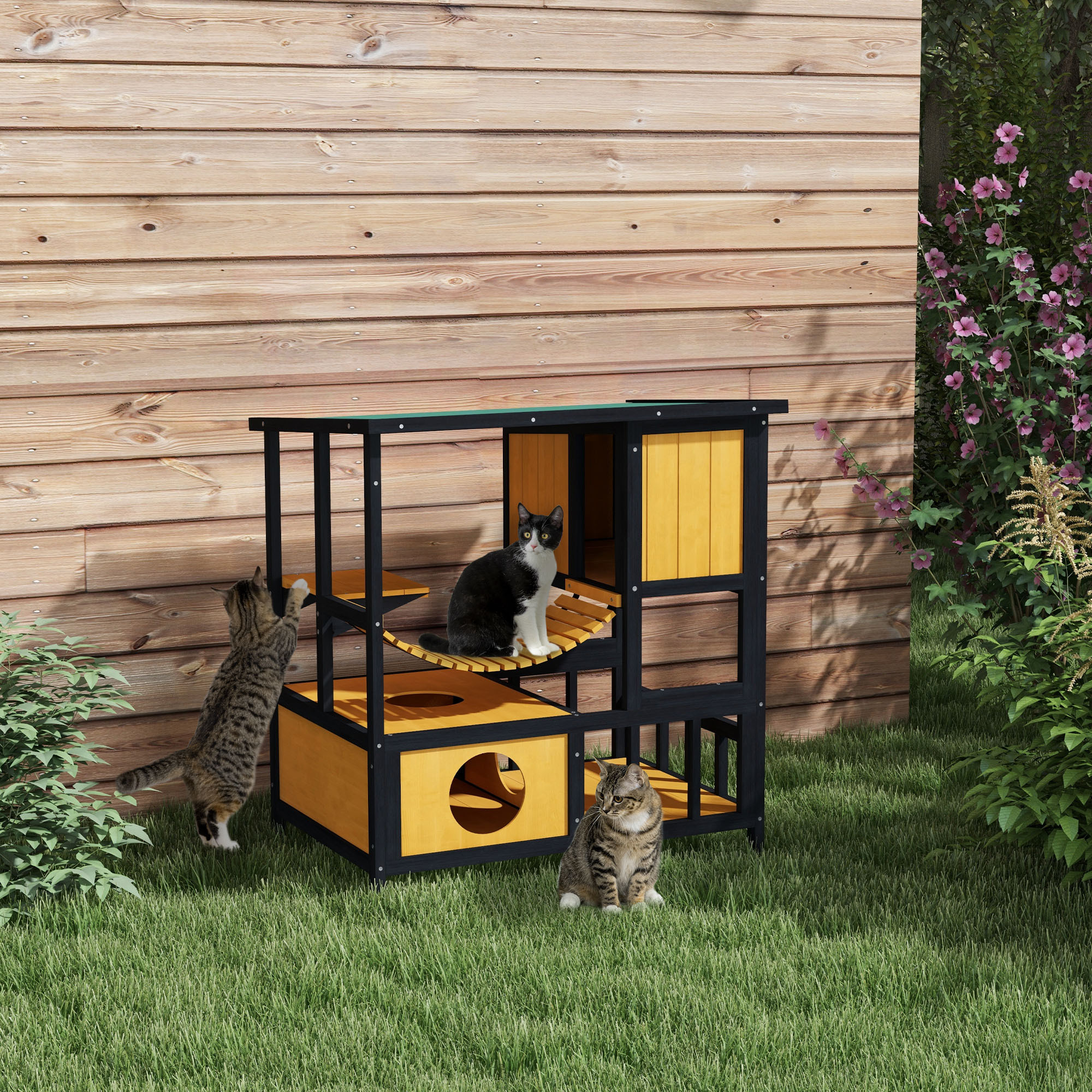 Image of Wooden Cat House Outdoor Cat Cave, Weatherproof Cat Shelter With Asphalt Roof, Suspension Bridge, Balcony, Platform, Protective Shelter For 1-2 Cats Up To 5 Kg, 84.5 X 60 X 88 Cm, Yellow