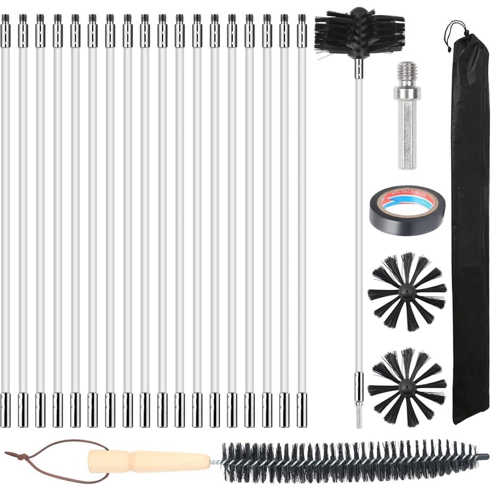 TEMU 24pcs Set Of Flexible Nylon Chimney Cleaning Brushes, Including 18 Rods, 4/6 Inch Brush Heads, Wooden Handle Long Brushes, And Storage Bags.