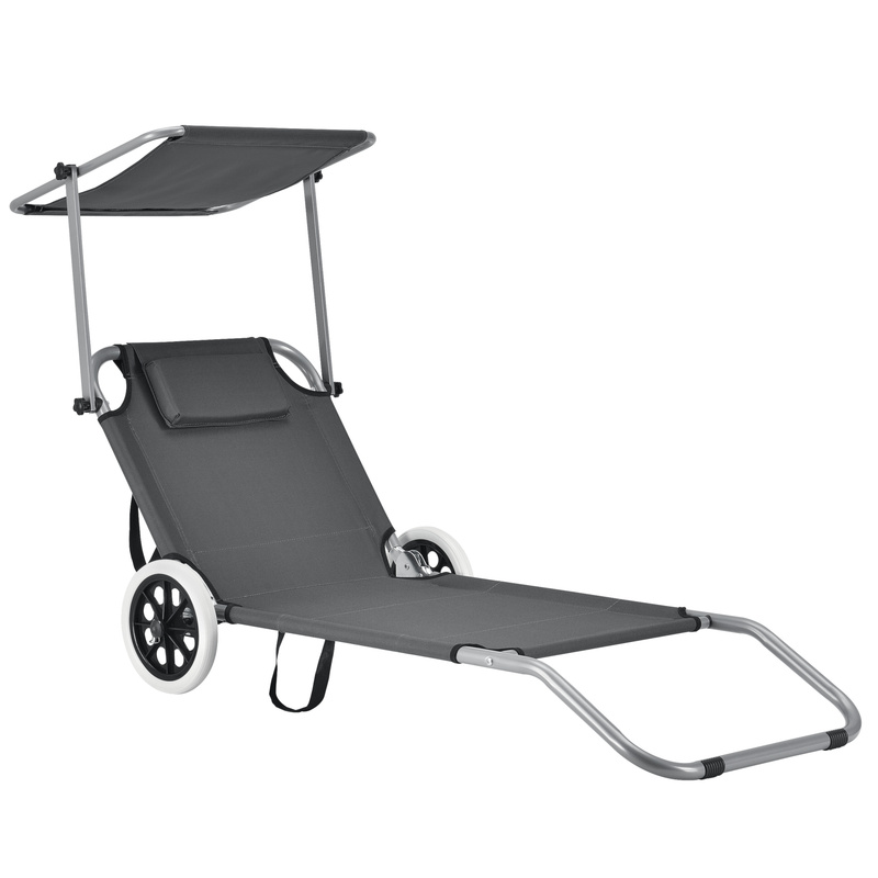 Image of Sun Lounger With Canopy And Wheels, Garden Lounger, Beach Lounger, Adjustable Recliner, Grey