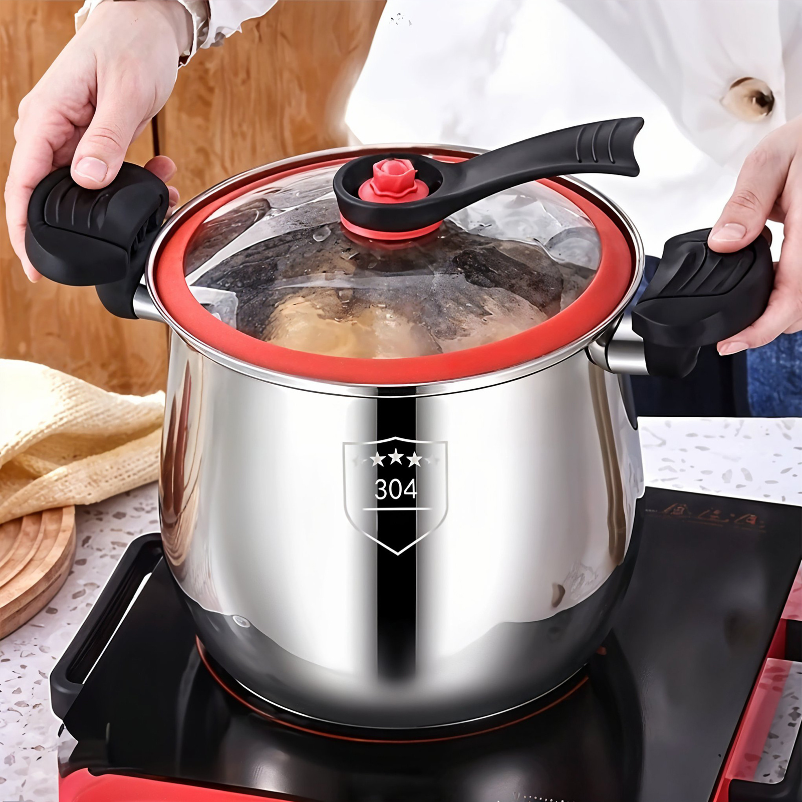 TEMU 8l Stainless Steel Multi- Pot, Large Capacity, Easy To Disassemble And Clean, Glass Lid Stew Pot Set, 304 Stainless Steel