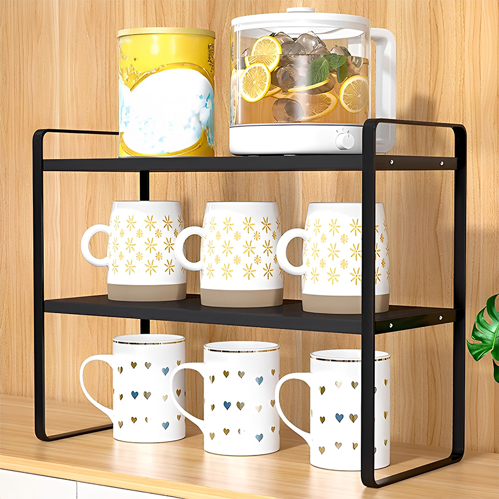 TEMU Black Double-layer Cup Holder, Teapot Shelf, Bedroom Countertop Book And Stationery Rack, Kitchen Fruit And Vegetable And Tableware Organizer,