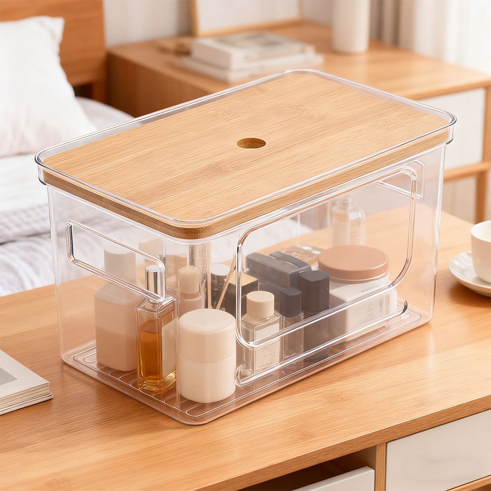 Clear Rectangular Storage Box with Bamboo Lid, 1/3pcs