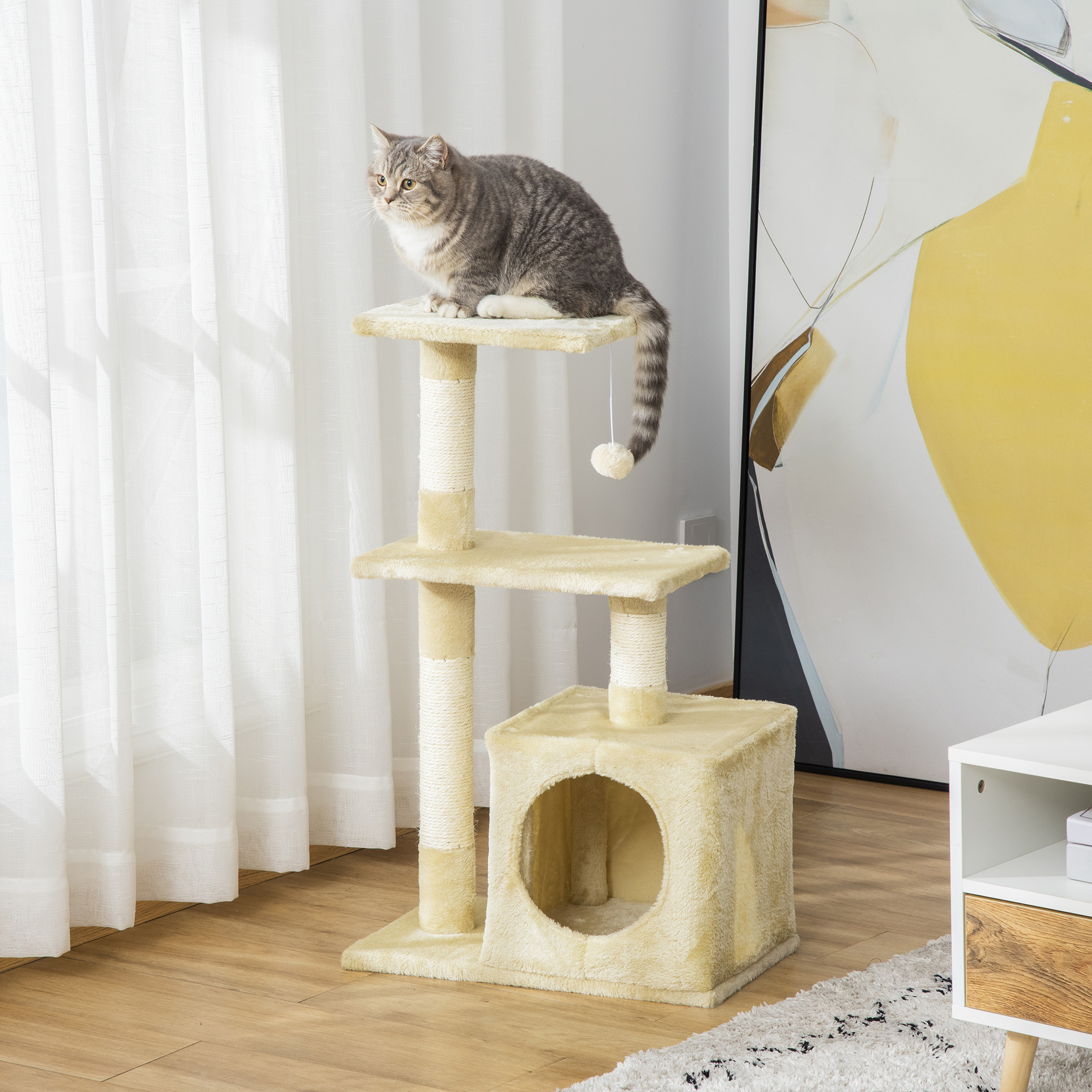 Scratching Post 81.5 Cm Cat Tree With Cat Cave, Platforms, Scratching Post With Sisal Scratching Columns, Play Ball, For Cats Up To 4.5 Kg, Beige