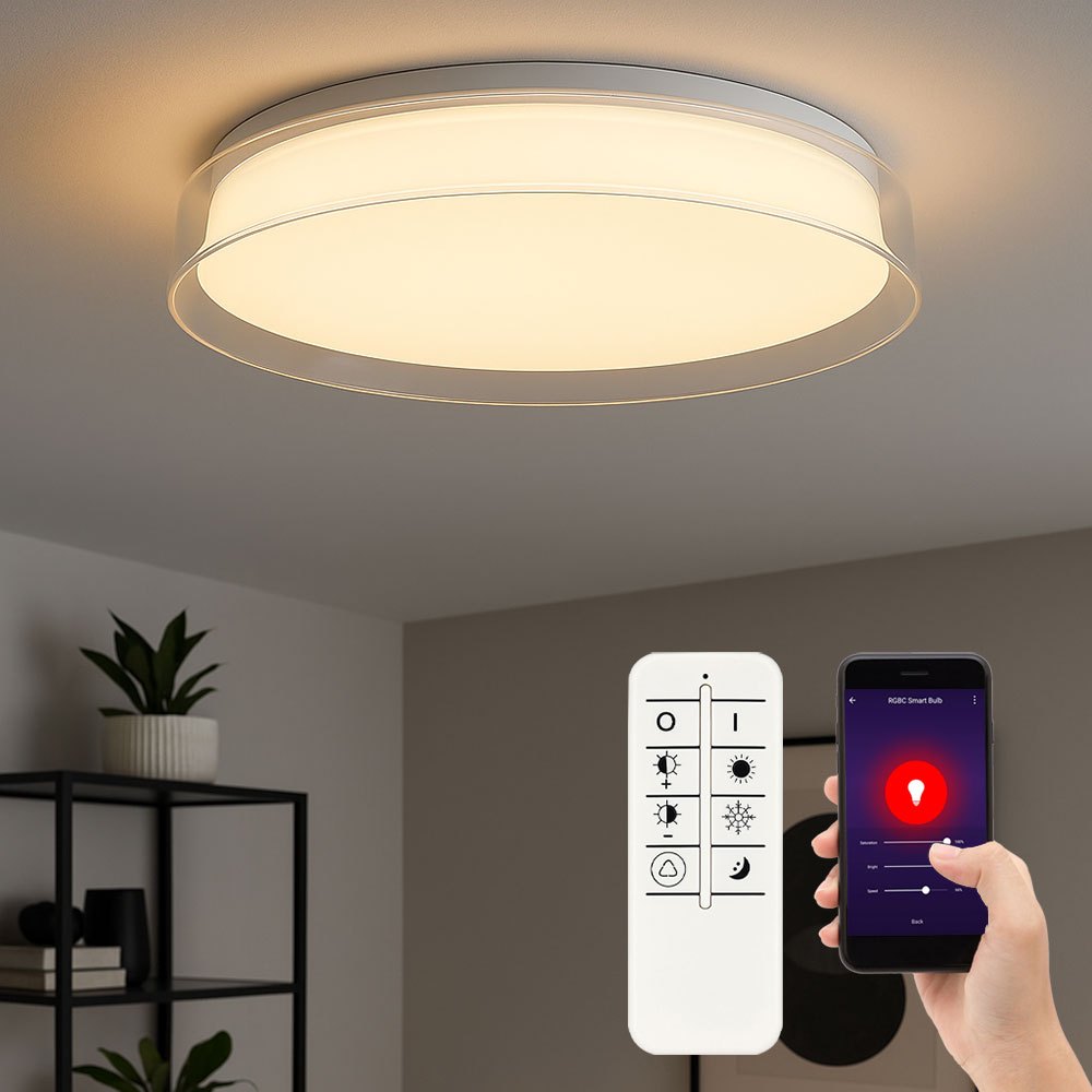 Image of Dimmable Led Ceiling Light With Remote Control, Smart App Living Room Light, White Transparent, 24w 2400lm Warm White-cool White, Dxh 41x8 Cm