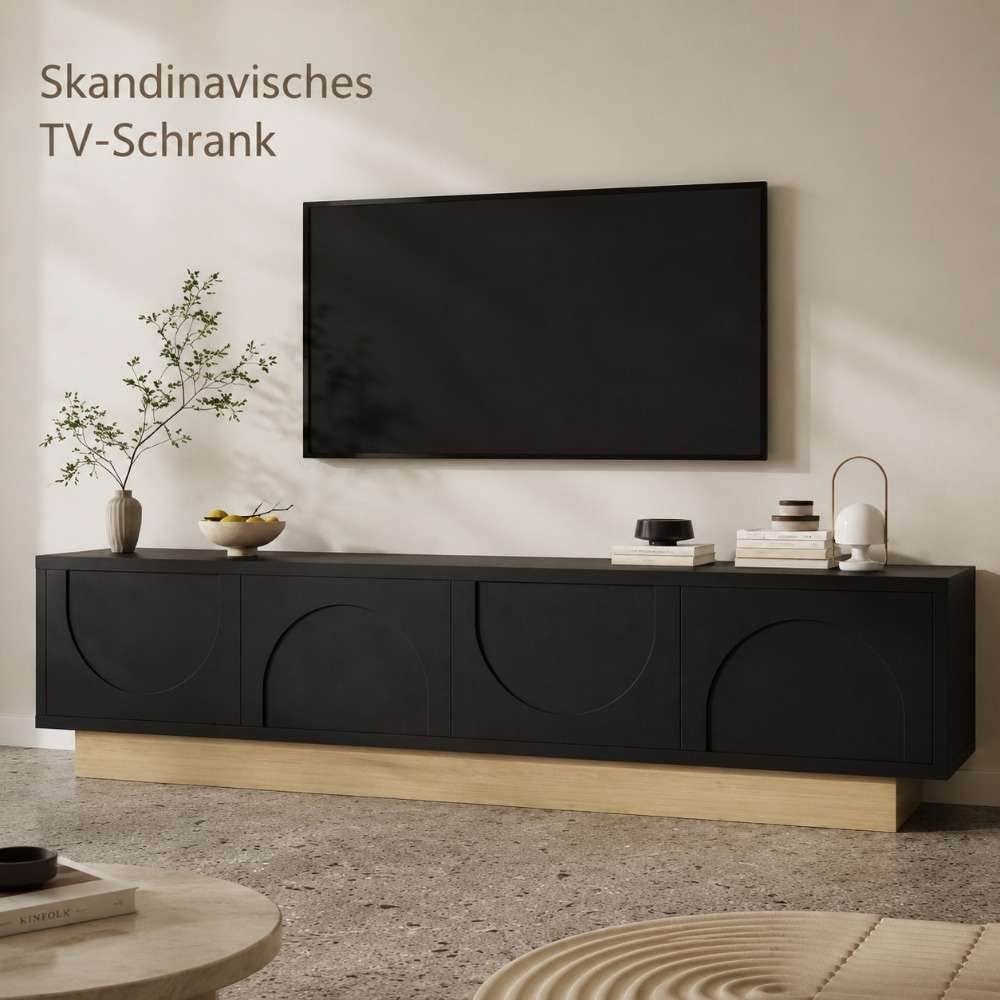 Image of Modern 175 Cm Lowboard With – , Wooden Leg, Black Surface, Curved Design, Stable & Long-lasting, – Ideal For Tvs Up To 65 Inches, Living Room, Minimalist Decor