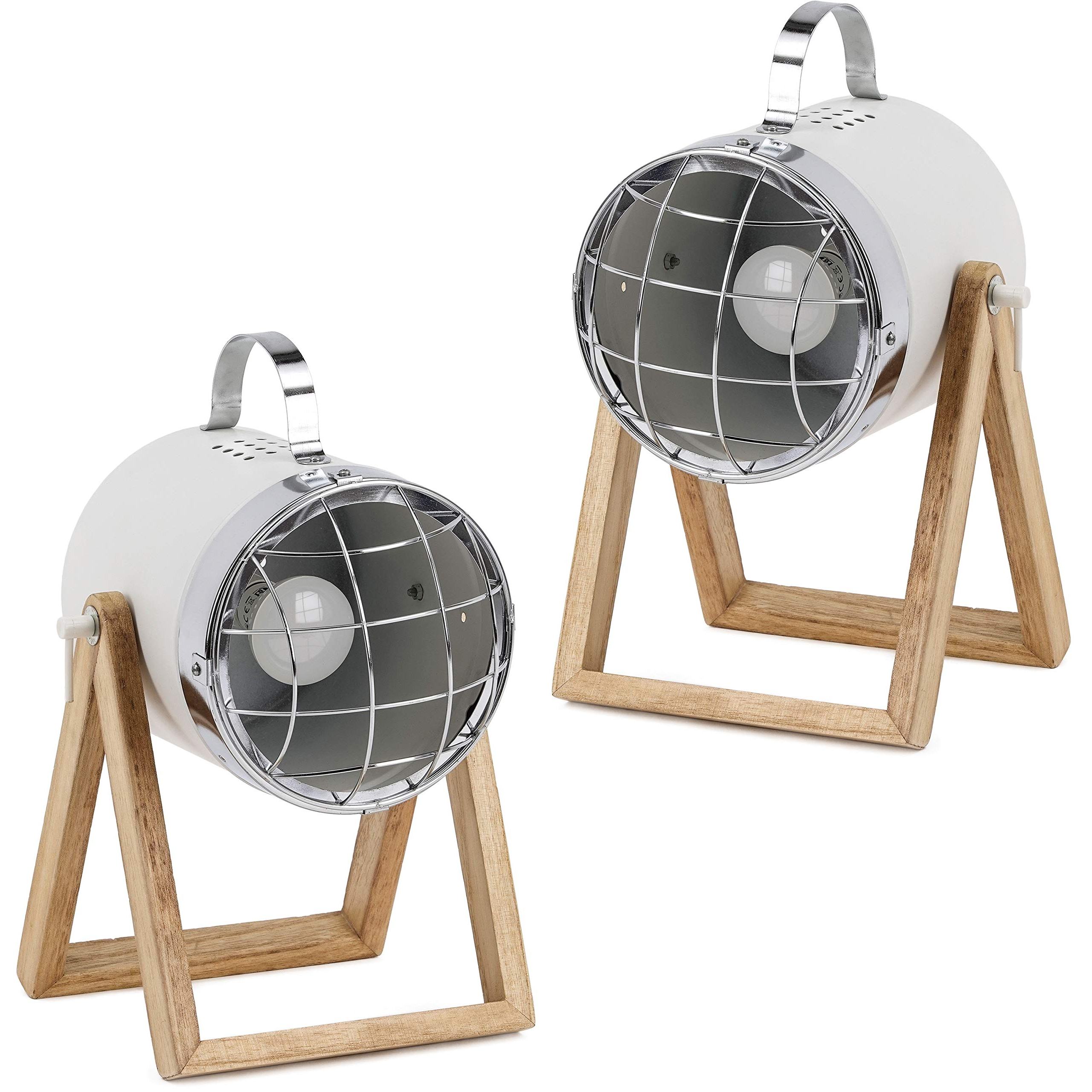 Image of Brubaker 2-piece Set Table Or Floor Spotlights - Up To 42 Cm Height - Wooden Base - White Metal Spotlight (bulb Not Included)