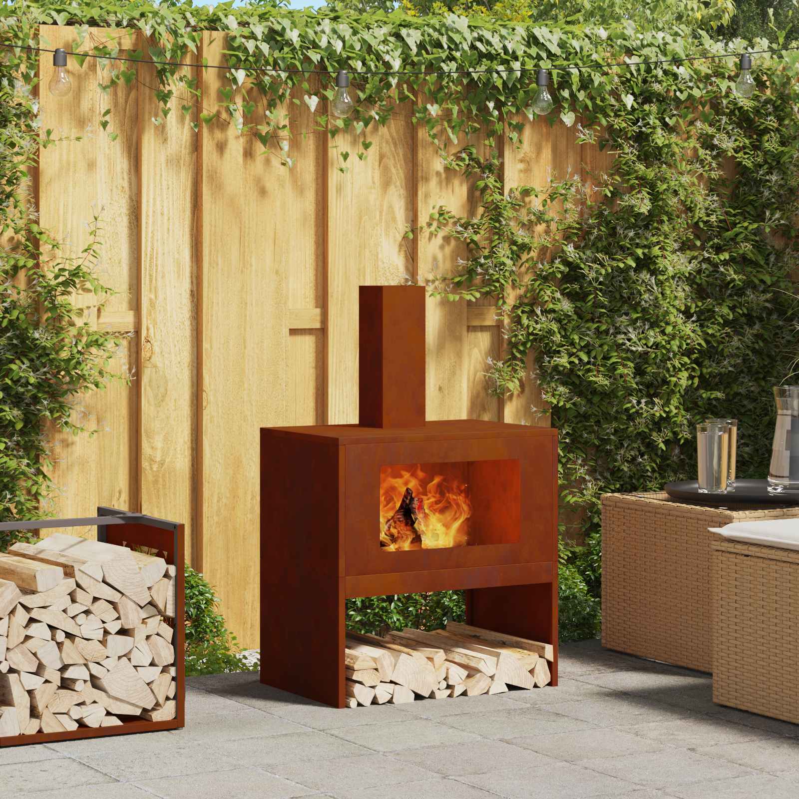 Image of Vidaxl Fire Pit Brown 60 X 40 X 96 Cm Weatherproof Steel, Fire Pit For Garden And Terrace, Modern Heating Spot For Social Evenings And Relaxation