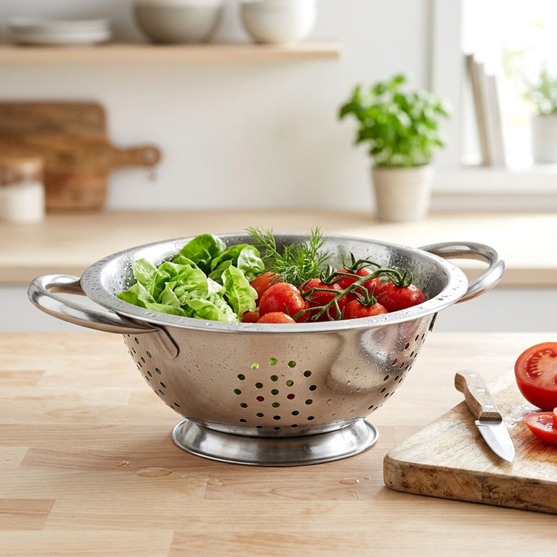 TEMU de cuisine en acier inoxydable de 20 cm, tamis universel en acier inoxydable, pour égoutter pâtes, légumes, fruits, riz, salade, base stable,