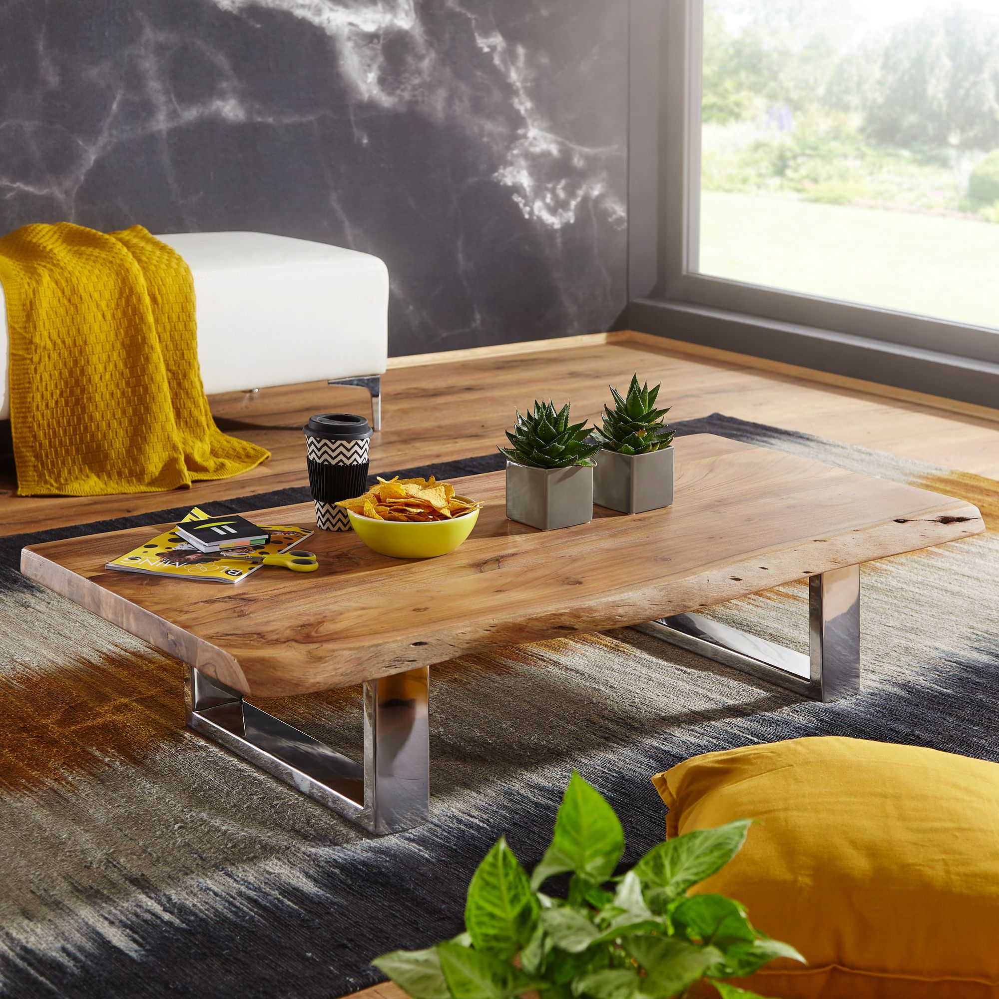 Coffee Table 115 X 25 X 58 Cm Solid Acacia Wood With Metal Frame, Large Log Living Room Table, Solid , Tree Edge Sofa Table, Rustic Wooden Table, Living Room Table, Room Table