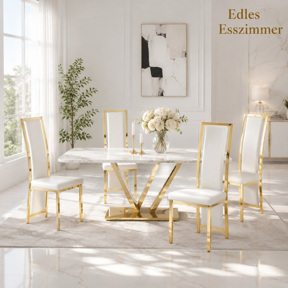 Image of 4-piece Set High-back Luxury Dining Chairs, Gold-plated Metal Frame With White Pu Upholstery For Dining Room, Living Room