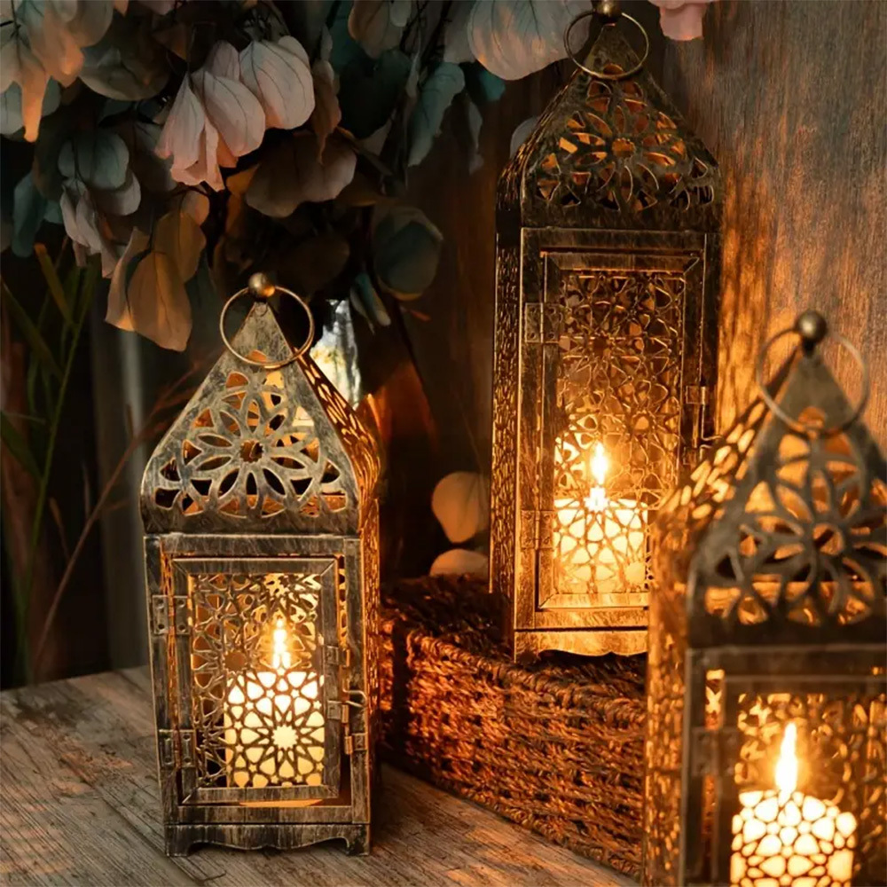 2-Pack Vintage Iron Openwork Projection Candlestick Lanterns