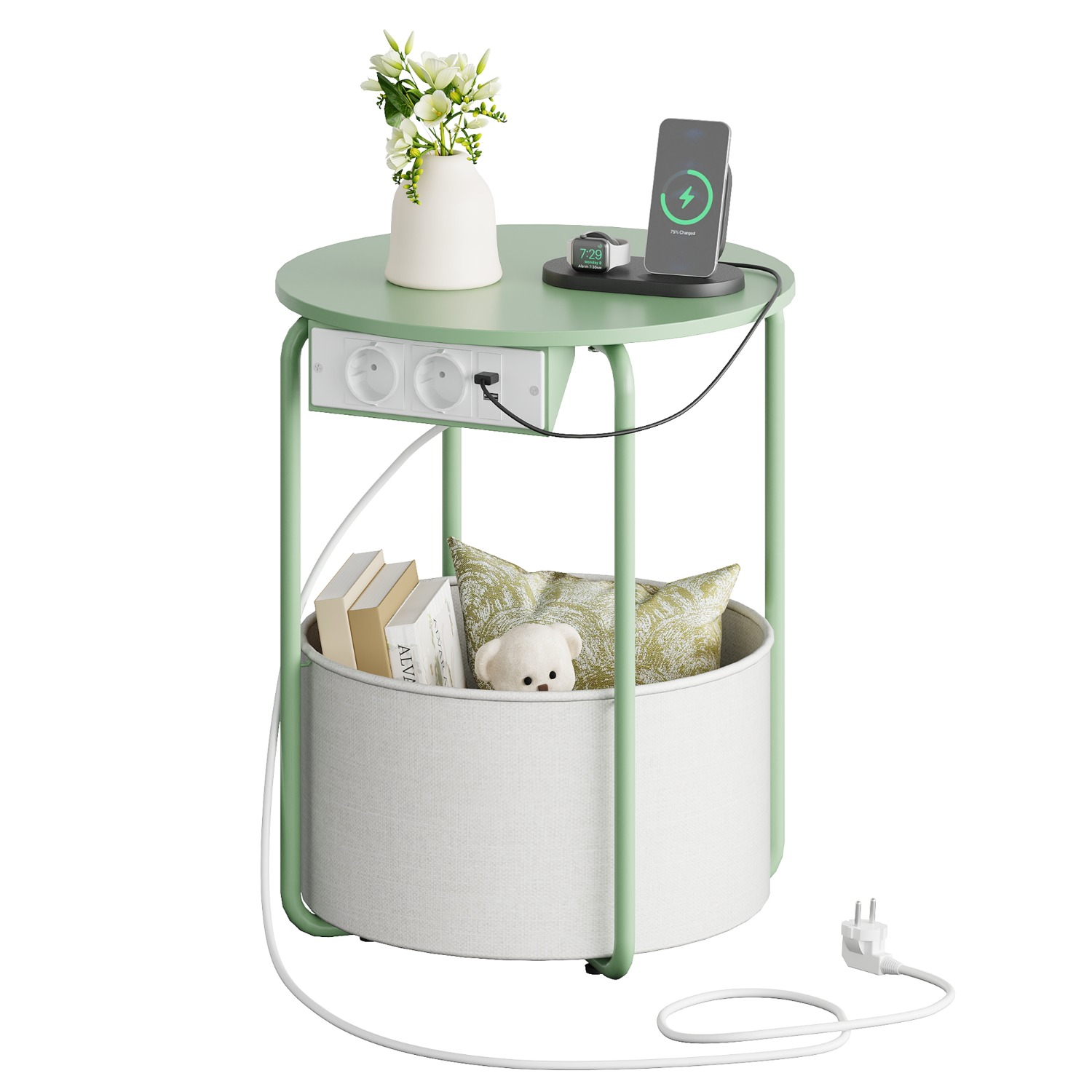 Image of Side Table With Charging Station, Round End Table With Fabric Storage Basket, Small Coffee Table, Sofa Table For Living Room, Bedside Table With Metal Frame For Bedroom