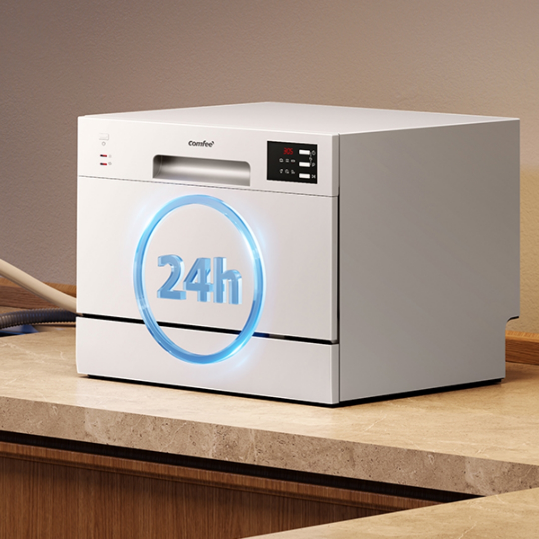 Midea COMFEE' Compact Tabletop Dishwasher – 6 Place Settings (Fits 67 Tableware Pieces, Up to 250mm Plates), 47dB Quiet Noise, Mini Countertop Size for Small Families & Couples, LED Display, 1-24H Delay Start, 6.5L Low Water (1/5 Vs Handwashing), White (Energy Class F) – Space-Saving for Small Kitchens