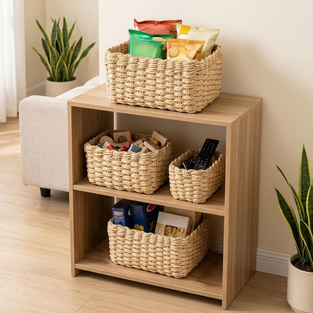 4pcs Set Of Woven, Stackable Storage Baskets Made Of Bohemian Paper Rope - Ideal For Living Room, Kitchen, Bathroom, Gift Basket & Cosmetics - Decorative And Practical