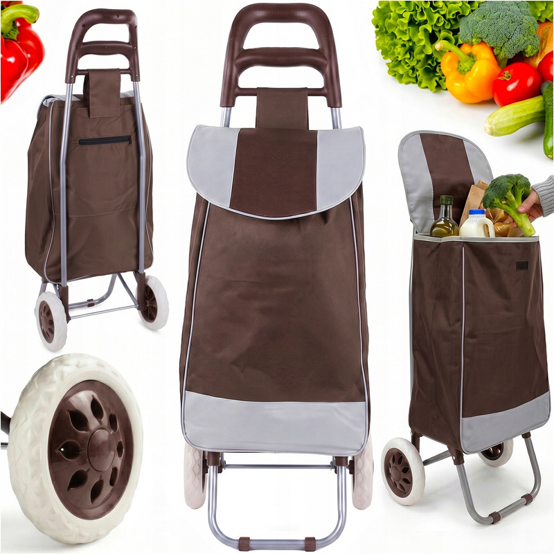 TEMU Chariot de courses pliable avec sac à roulettes marron, sac de courses imperméable 55 × 30 × 19 cm avec grandes roues de 16 cm, base stable avec