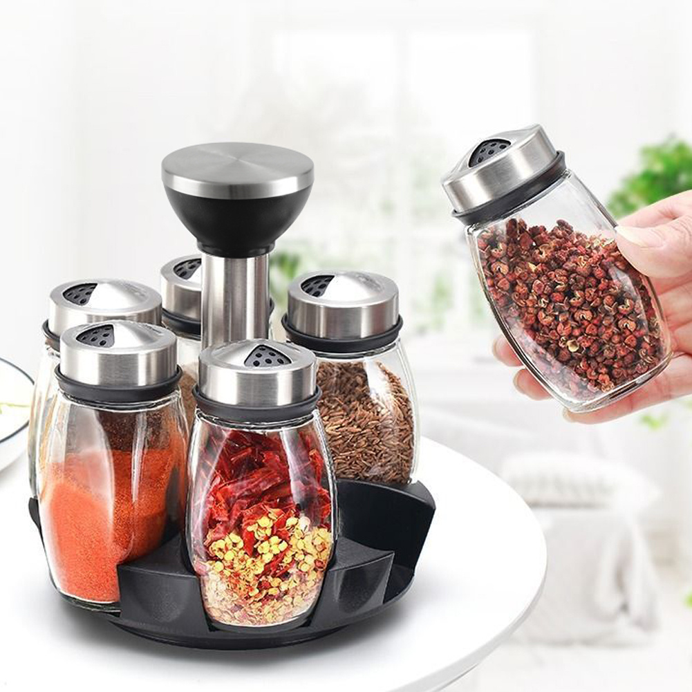 Image of 6-jar Revolving Spice Rack Organizer Holder, Kitchen Countertop Seasoning Stand, Rotating Spice Rack With Lid, Rotating Seasoning Organizer, Black