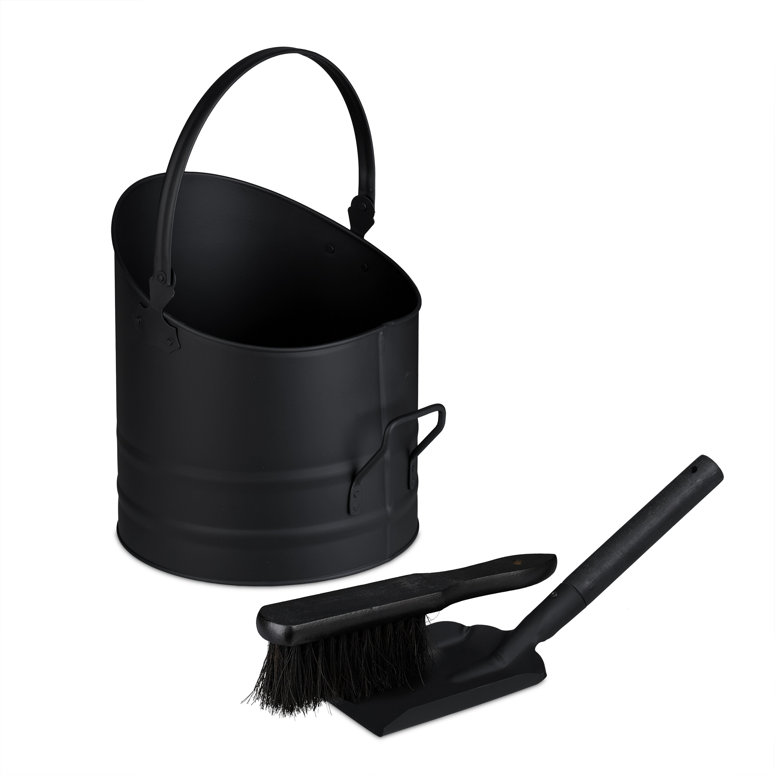 TEMU Set de nettoyage de cheminée avec seau à cendres, 9.5 l, 28.5 x 27.5 cm, fer thermolaqué, pelle et balayette en bois de Schima et fibre de coco,