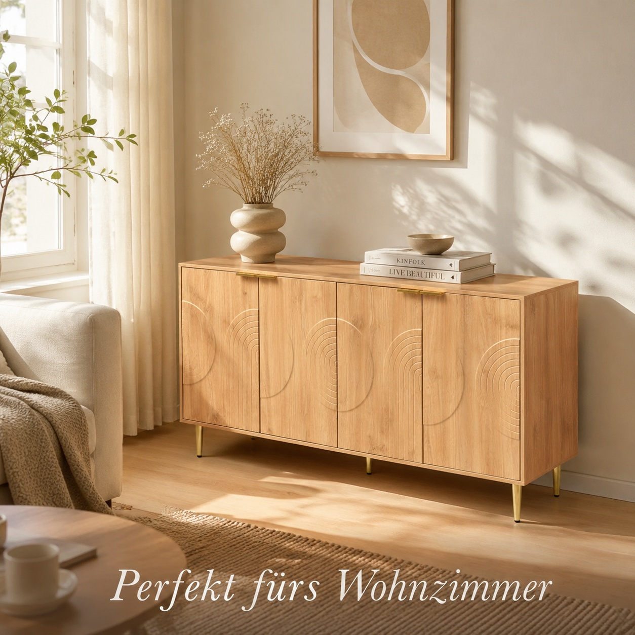 Image of 140 X 40 X 72cm Modern 4-door Sideboard In Light Wood With Relief Decoration, Gold Accents, And Large Storage Space For Living Room, Dining Room, And Entryway