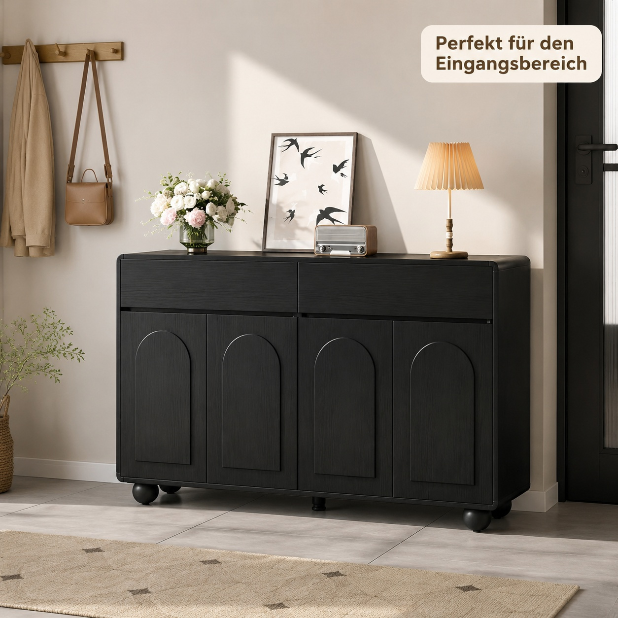Image of Black Shoe Cabinet In French Cream Style, Large Storage Space With Arched Doors, Storage Cabinet For Entrance And Living Room