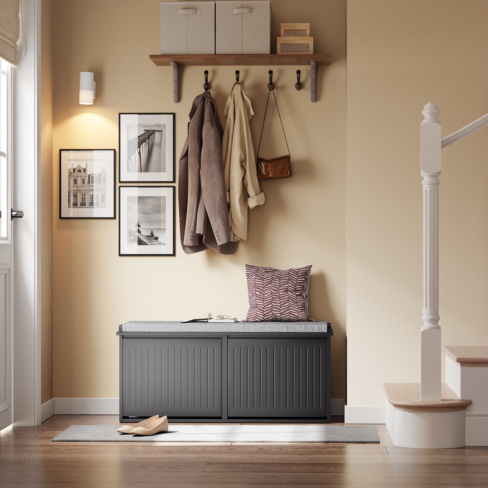 Image of Sobuy Bench With Storage Shoe Bench With Seating Surface, Shoe Rack With Storage, Flap, Seat Cushion, Loadable Up To 158 Kg, For Hallway, Living Room, 100x46x26 Cm, Black, Fsr98-xl-sch