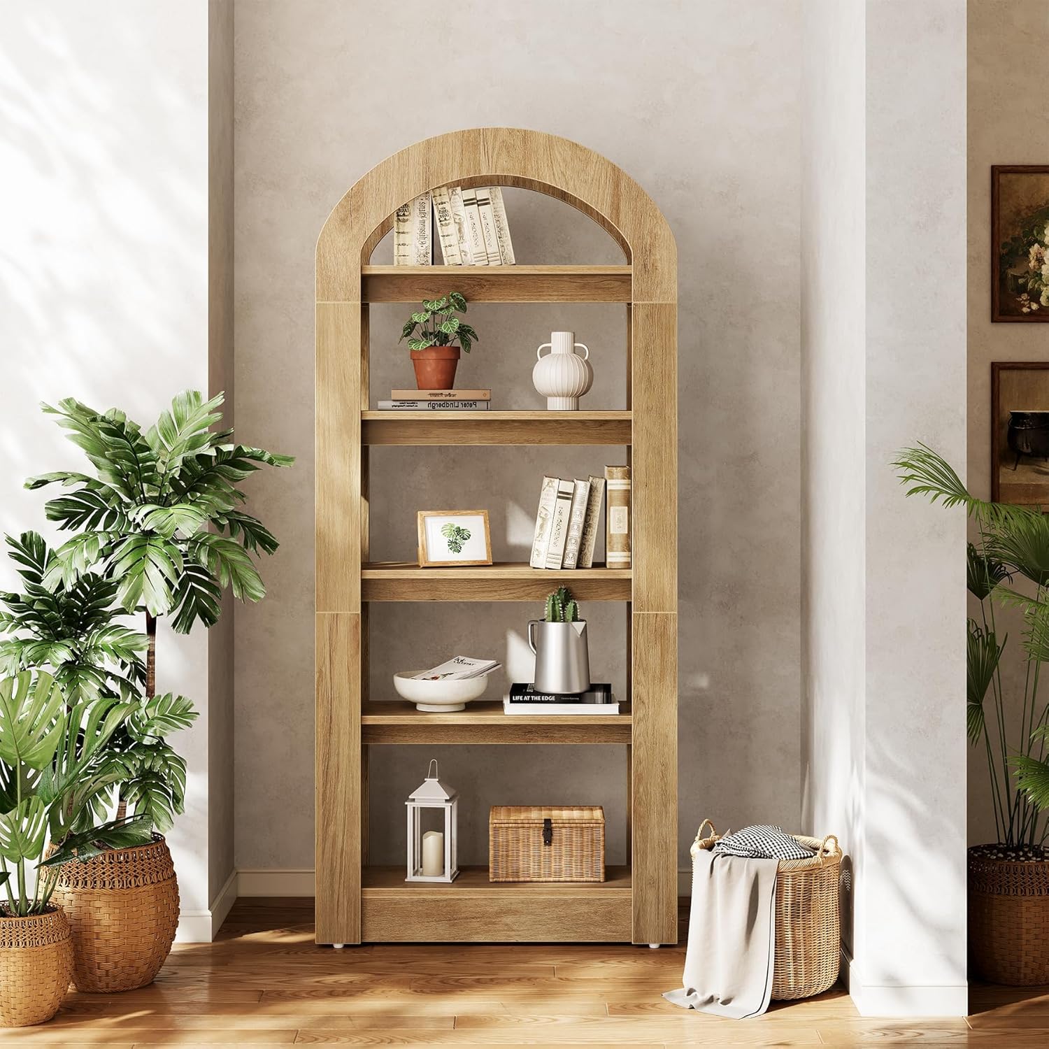 Image of 180cm Tier Wood Bookcase, Curved Freestanding Bookshelf, Solution In Teak Color.