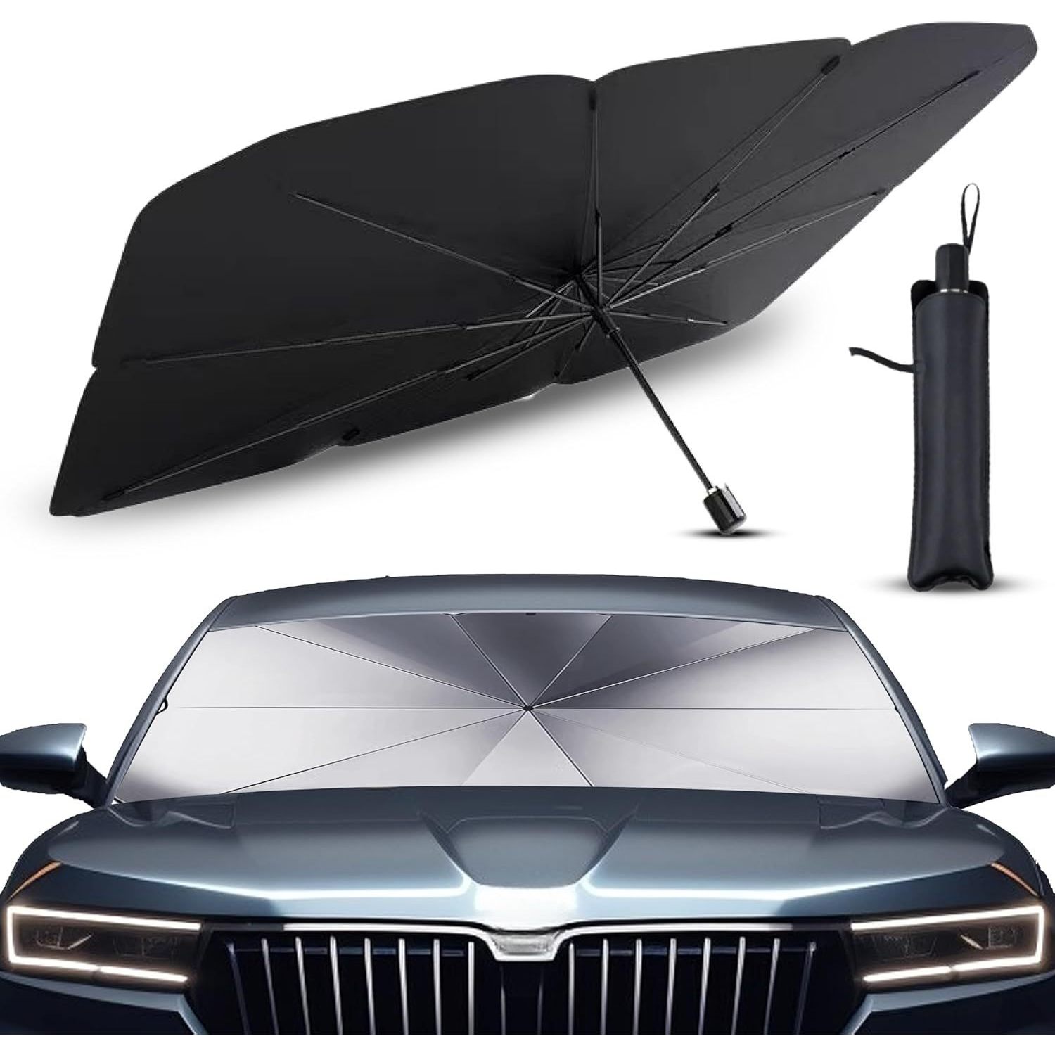 TEMU Parasol Coche Delantero Protector Solar SUV Parasol Paraguas Coche a los Rayos UV Parasol Plegable con Eje Giratorio y Revestimiento de Titanio