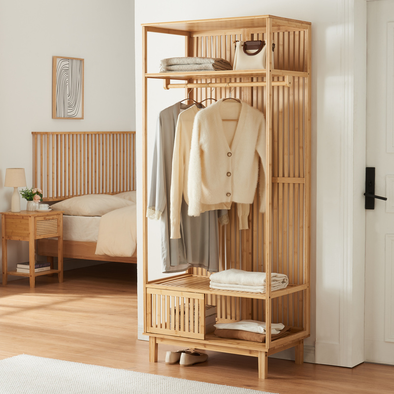 Wardrobe Stand Ypäjä With A Clothes Rail And 2 Compartments 187 X 80 Cm Bamboo
