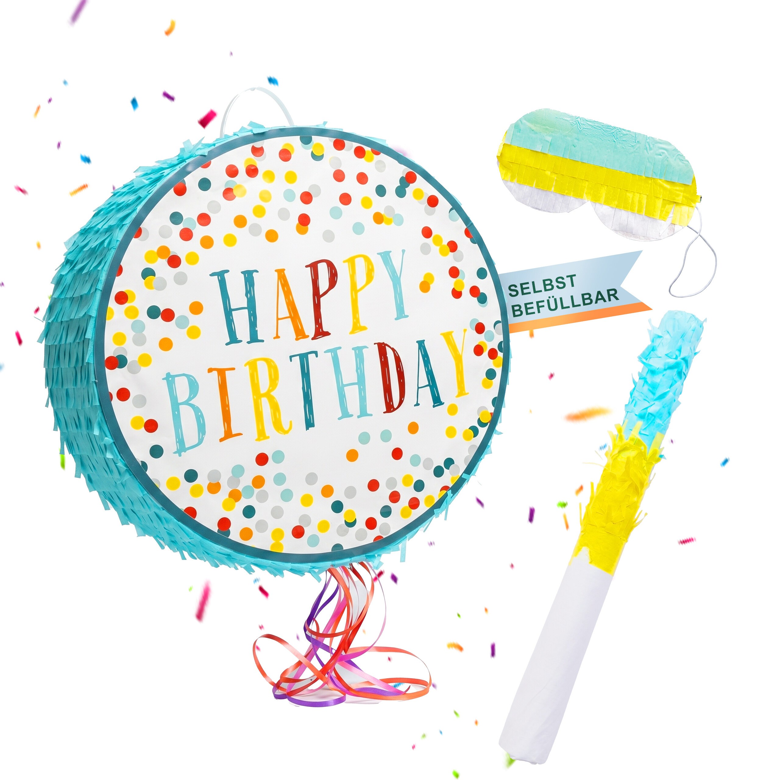 3-tlg. Pinata Set "happy Birthday" In Bunt