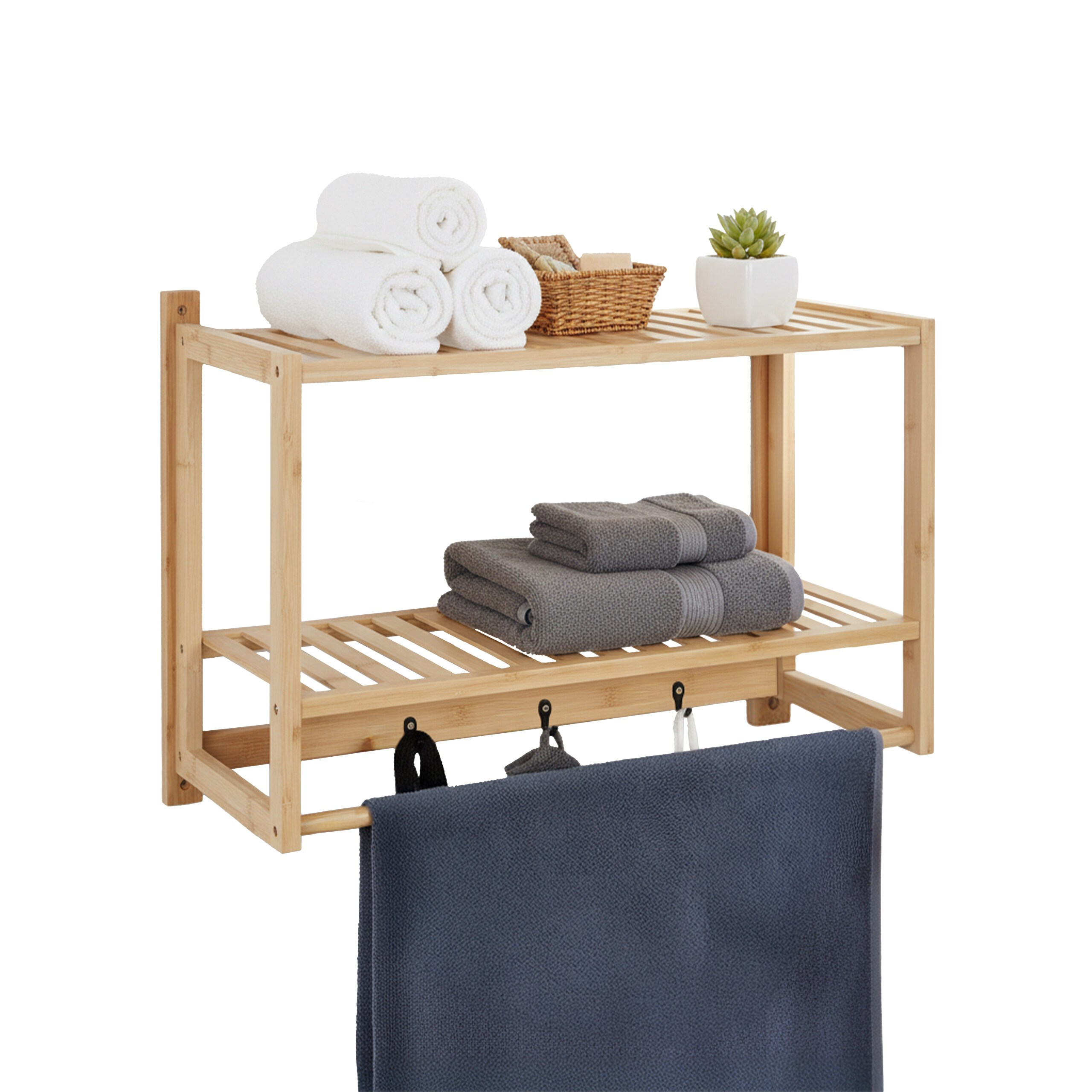 TEMU Wandregal Bambus, 2 Ablagen, 40 x 60 x 23.5 cm, aus Bambus und Eisen, mit Handtuchstange und 3 Haken, natur, für Badezimmer, Küche und kleine