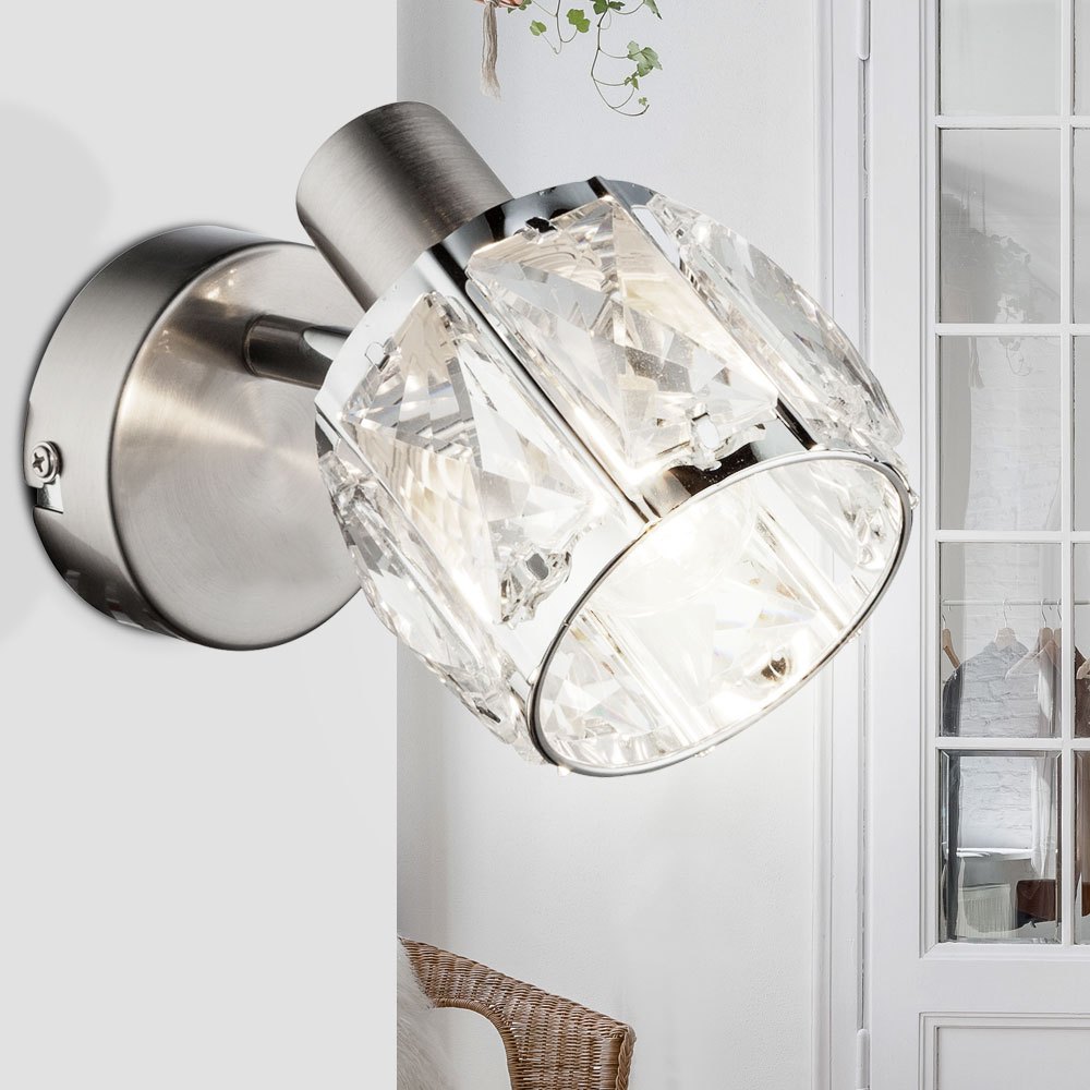 Image of Wall Light With Glass Crystals, Switch, Living Room, Chrome, Indoor Lighting, Matte Nickel, Adjustable Spotlight, 1x E14, H 12.5 Cm