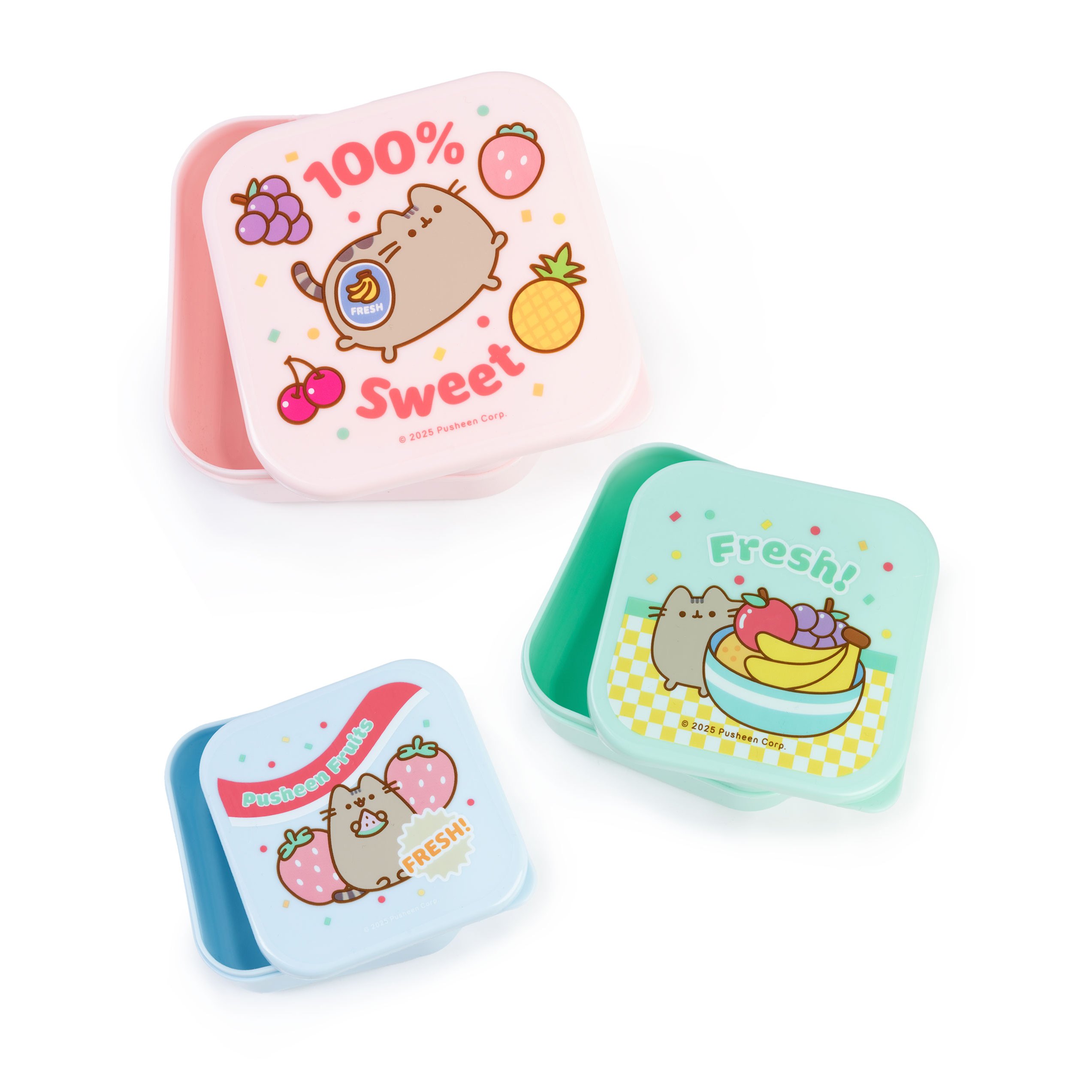 TEMU Pusheen The Cat Snack Pot Set In Light Blue, Pink & Mint Green | 3pcs Stacking Container Set | Cartoon Fresh Fruits Design | Ideal For Storing