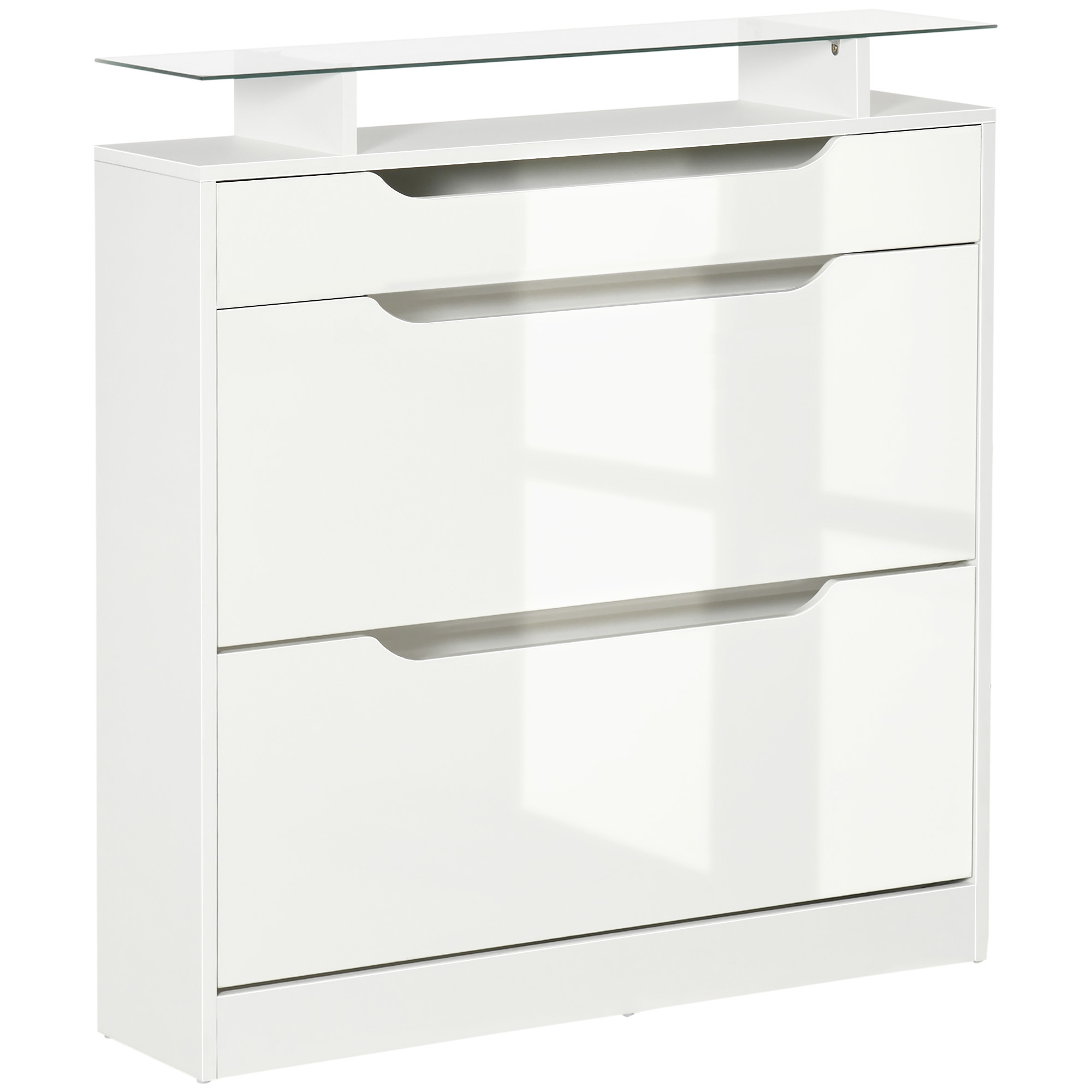 Image of Homcom 2-door Narrow Shoe Cabinet For 16 Pairs Of Shoes With Drawer, Open Shelf, And Glass Top For Hallway Entry, 89x23x96 Cm, White