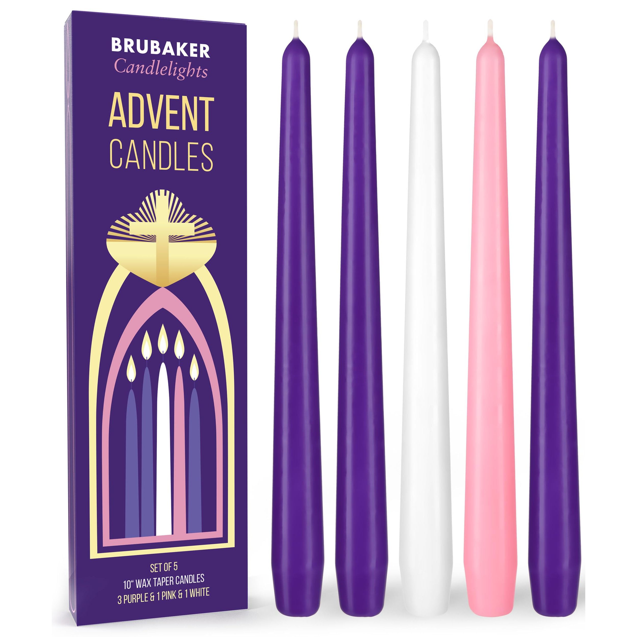 Image of Brubaker Premium Advent Candles 3x Purple, 1x Pink, And 1x White - 5-piece Advent Set - Traditional Taper Candles For Advent Wreaths, Advent Arrangements, And Other Christmas Decorations