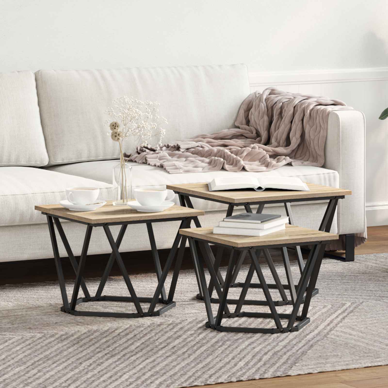 Image of Coffee Table 3pcs. Oak 50 X 50 X 40 Cm, Coffee Table, Long-lasting Accent, Practical Decor For The Living Room, Stylish And Low.