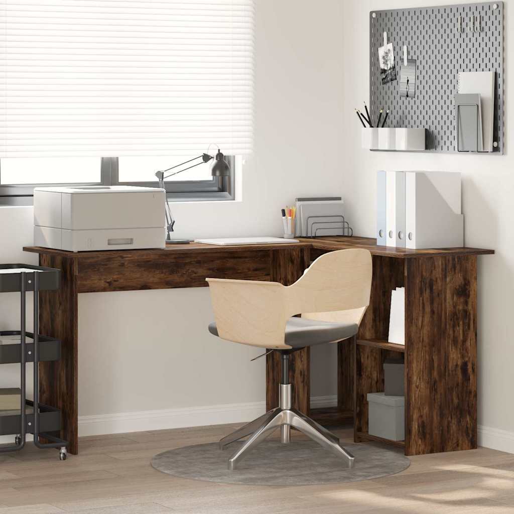 Vidaxl Computer Desk Made Of Smoked Oak With Built-in Shelves, , Large For Office Use With Of And Stylish Design For Professionals And Students. Modern Brown .