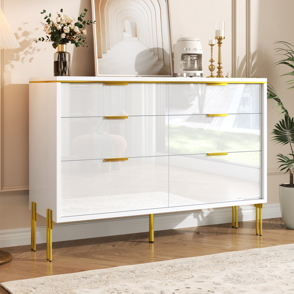 Sideboard With 6 Drawers – 120x40x85.5 Cm, White/gold, High-gloss, Pb, Up To 60 Kg