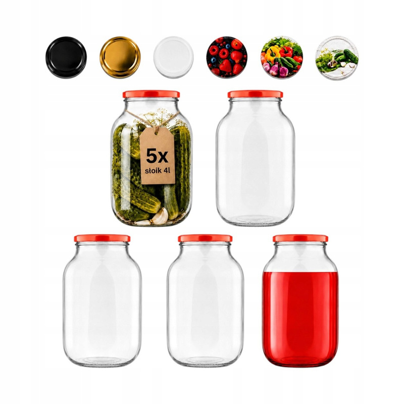 Image of 5-piece Set Of 4l Large Glass Jars With 100mm Wide Lids For Pickling, Preserving, And Liqueurs