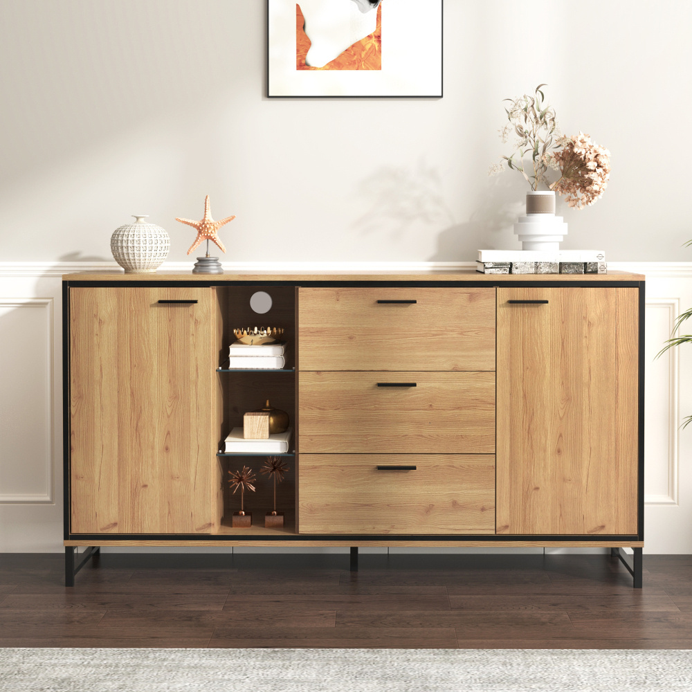 160 L X 40 W X 85 H (cm) Sideboard With Natural Wood Look, Glass Doors, 160 Cm Wide, , Adjustable Shelves, Stable Iron Feet, Modern , For Living Room & Dining Room.
