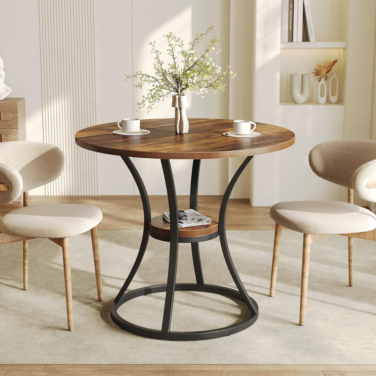 Round Dining Table, Kitchen Table For Dining Room Living Room, 80 Cm Dining Tables For 2-, Small Dining Table With Storage Space And Metal Leg, Rustic Brown (only Table)