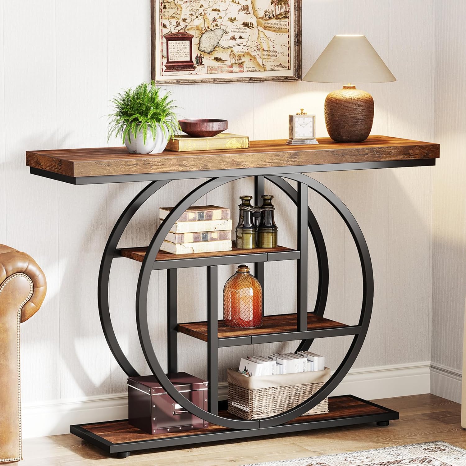 Image of Vintage Console Table 105x30cm Industrial 4 Tier Sofa Table Entrance Table With Circular Base Narrow Wood Accent Tables With Shelves For Living Room Hallway Foyer Rustic Brown