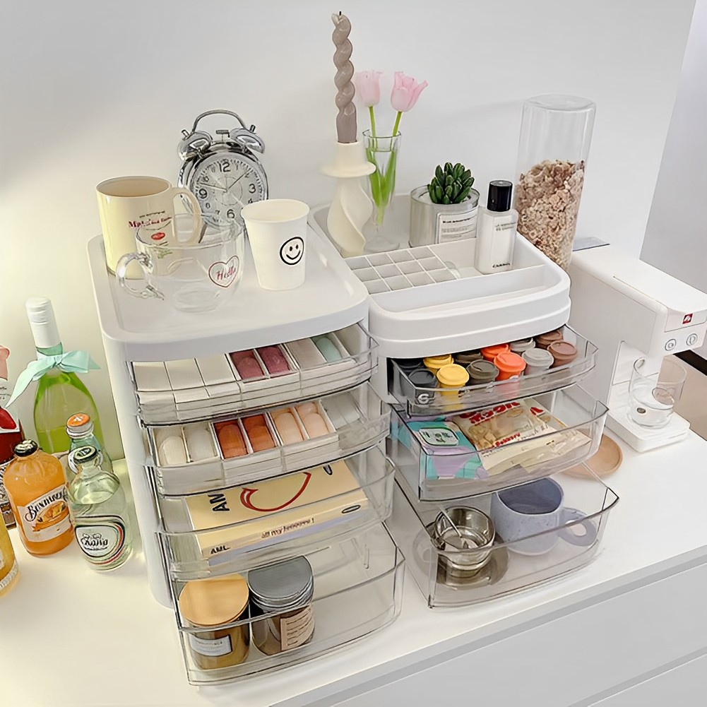 Floor Standing Cosmetic Storage Tower with Transparent Drawers, Portable Design