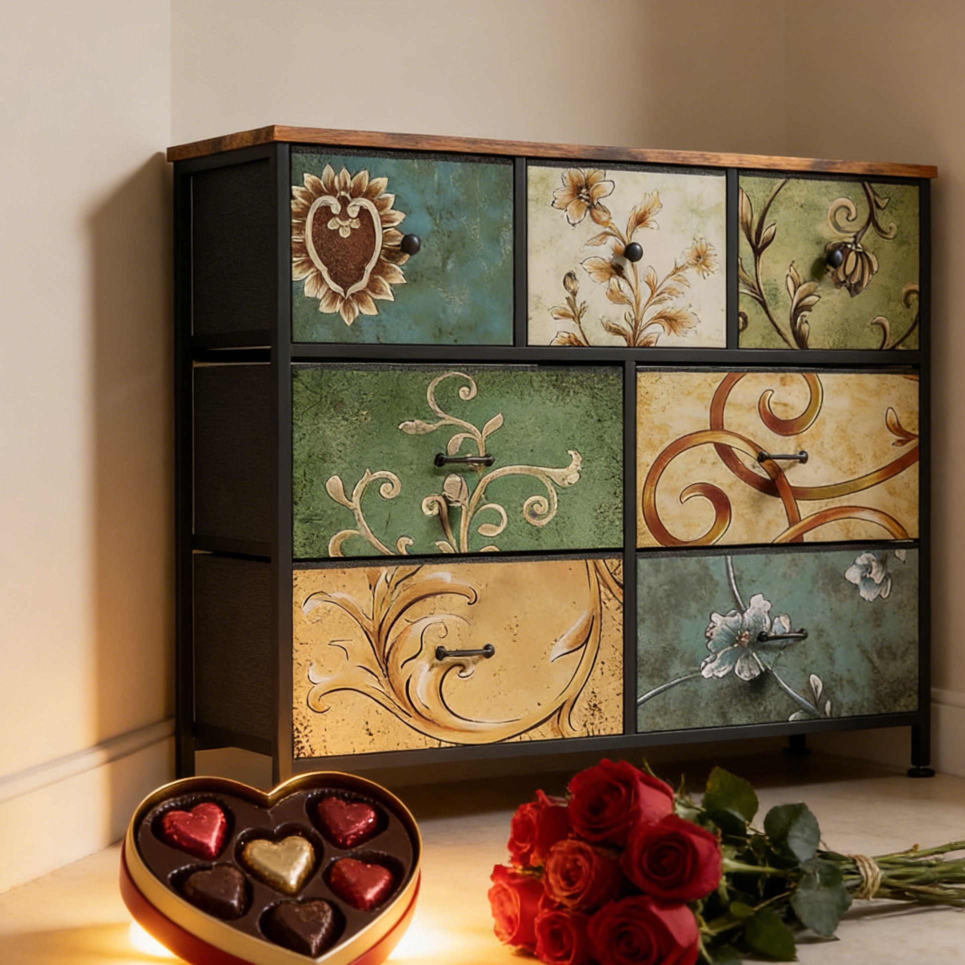 TEMU Ycz Vintage Dresser With 7 Fabric Drawers, 100 X 30 X 78 Cm, Retro Floral Pattern, Easy Assembly, For Living Room, Bedroom, And Hallway