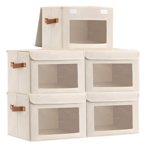 5 packs foldable storage bins with lids 39 25 25 organizer baskets with window handles fabric storage cubes for closet shelf