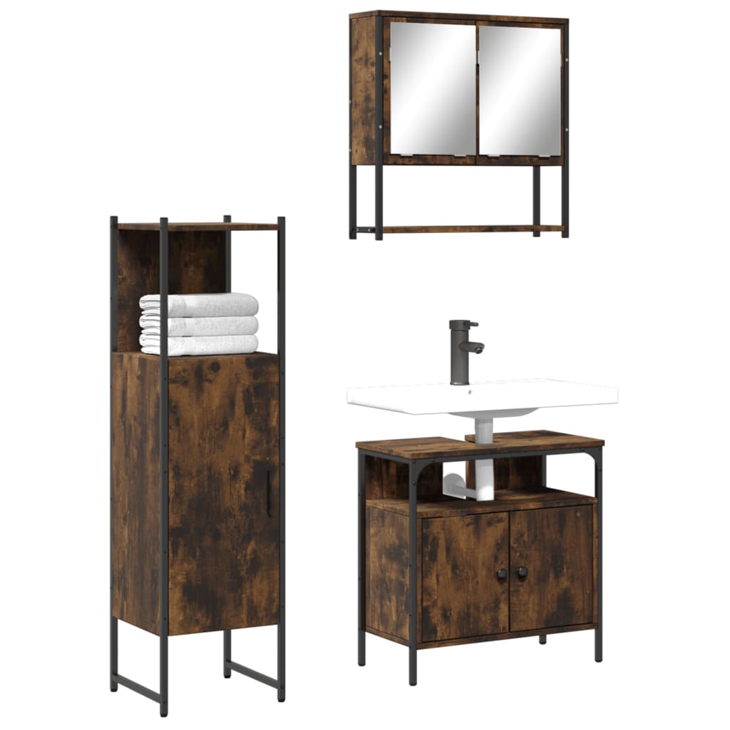 Image of Vidaxl Bathroom Furniture Set 3-pc., Bathroom Cabinet With Storage, Bathroom Vanity Unit Mid-size Cabinet Mirror Cabinet, Bathroom Furniture, Smoked Oak Wood Material